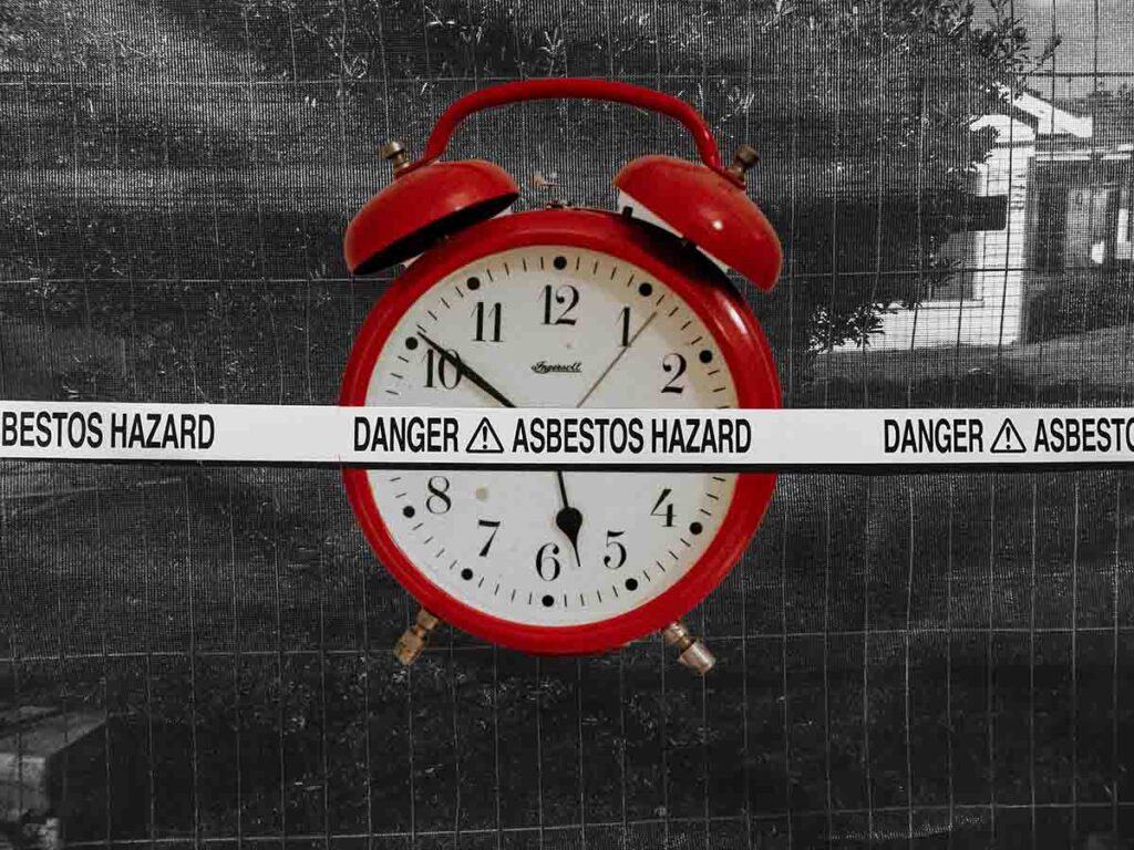 Asbestos warning with red clock